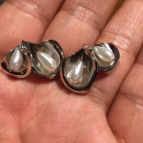 Vintage Beau Sterling Silver Calla Lily Pearl Earrings & Heart Leaves Brooch Lot - Picture 2 of 8